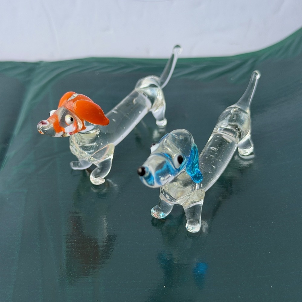 Set of 2 Hand Blown Glass Dachshund Dog Figurines Miniature Collectibles B-9